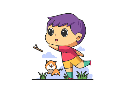 Boy Playing With Dog Illustration illustration