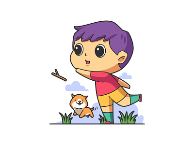 Boy Playing With Dog Illustration