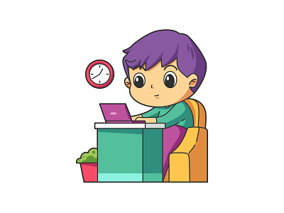 Boy Working with Laptop Illustration illustration