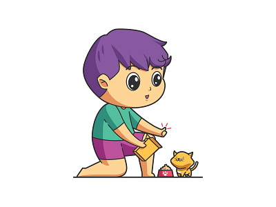 Boy Feeding Cat Illustration illustration