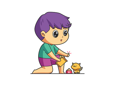 Boy Feeding Cat Illustration