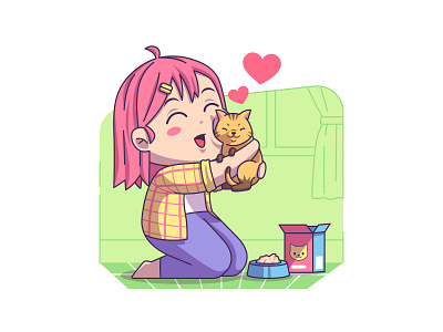 Cute Girl Hugging Cat illustration