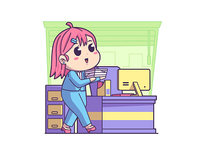 Cute Girl Working in Office illustration