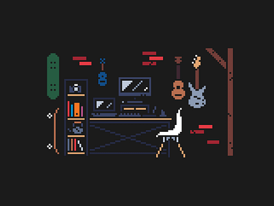 My Place to Work 1bit guitar illustration interior minimal pixel