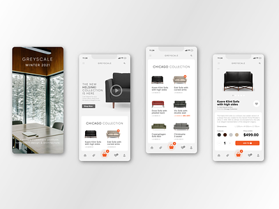 Greyscale Furniture Store App app design branding ecommerce mobile ui ux