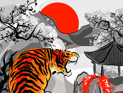 Tiger Poster abstract art asian asian illustration bold colors china chinaart chinese culture chinese new year chinese painting chinese style colorful art illustration landscapes popart procreate tiger tiger illustration tigers trees
