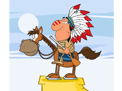 Indian Chief With Gun On Horse Over Rocks cartoon character design graphics hittoon horse illustration indian mascot humor vector