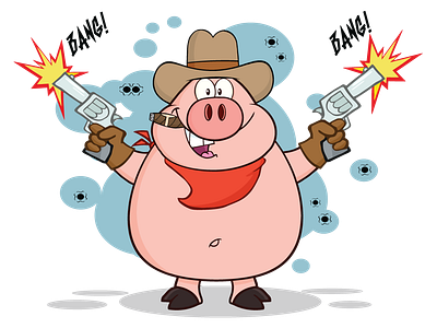 Cowboy Pig Character Shooting With Two Guns animal cartoon character cowboy design graphics hittoon humor illustration mascot pig vector