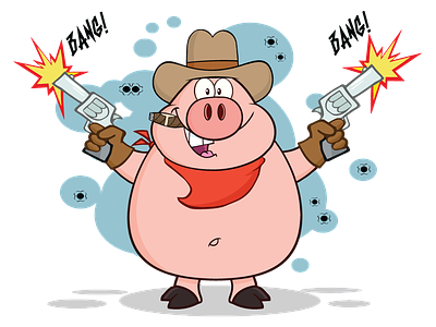 Cowboy Pig Character Shooting With Two Guns