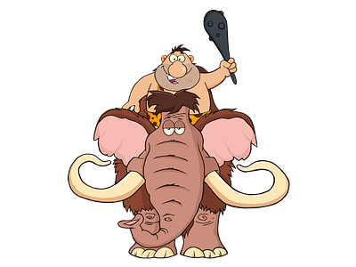 Happy Caveman Over Mammoth cartoon caveman character design graphics humor hunter illustration mammoth mascot vector