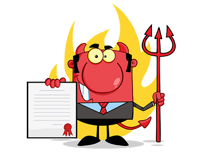 Smiling Devil Boss With A Trident Holds Up A Contract boss business cartoon character design devil graphics hittoon humor illustration mascot vector