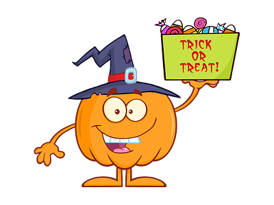 Halloween Pumpkin Holds A Box With Candy cartoon character design graphics halloween hittoon humor illustration mascot pumpkin vector witch
