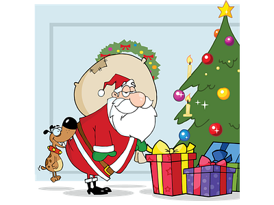 Dog Biting Santas Butt By A Christmas Tree animal cartoon character christmas design dog graphics humor illustration mascot santa vector