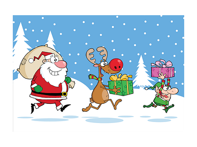 Reindeer, Elf And Santa Claus Carrying Christmas animal cartoon character christmas design elf graphics humor illustration mascot reindeer santa