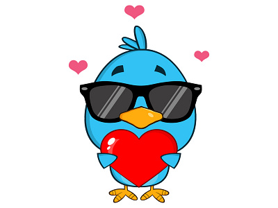 Cute Blue Bird Cartoon Character Holding A Love Heart