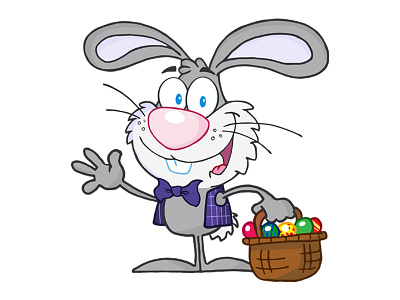 Waving Gray Bunny With Easter Eggs And Basket animal bunny cartoon easter egg graphics greeting holiday illustration mascot rabbit vector