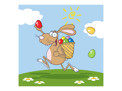 Happy Brown Easter Rabbit Running With A Basket And Egg animal bunny cartoon easter egg graphics greeting holiday illustration mascot rabbit vector