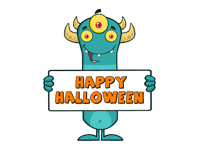 Happy Horned Blue Monster cartoon character clipart graphics halloween holiday mascot monster sign trickortreat vector