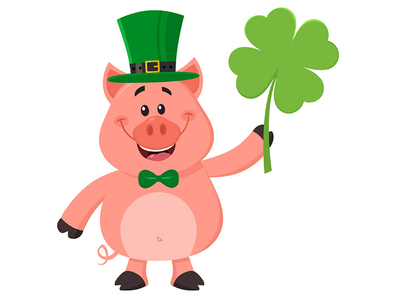 Leprechaun Pig clover piggy pig shamrock patricks day leprechaun hittoon greeting graphic holiday animal vector illustration mascot cartoon