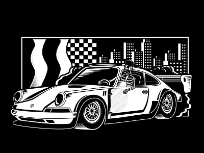 Porsche 911 design artworks blackandwhite cardesign city illustration cityscape clothing company clothing design illustrator illustrator art merch design porsche 911 shirtdesign skeleton skeleton type design skull skull art