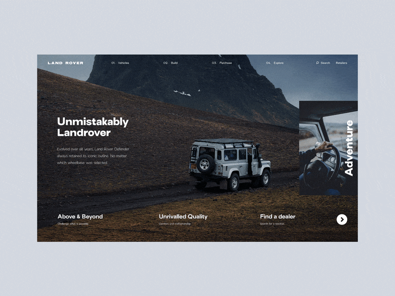 Land Rover Web Interactions animation branding design gif home page interaction parallax parallax scrolling scroll typography ui unsplash ux web design website