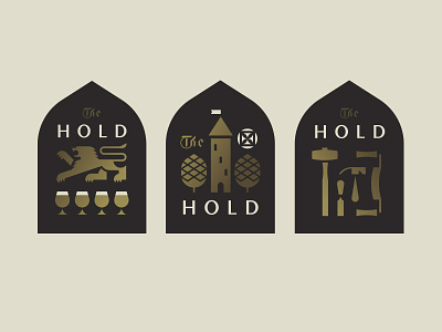 The Hold pt. III badge beer brewery castle crest flag hammer hops lion sun tools