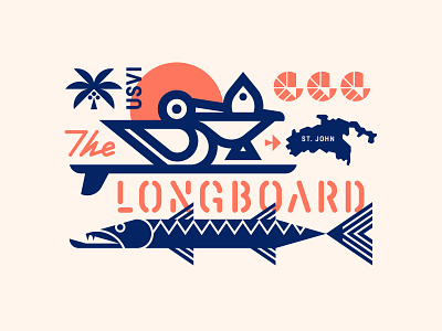 The Longboard pt. XXI bird fish island palm pelican shrimp stencil sun surf surfboard tree