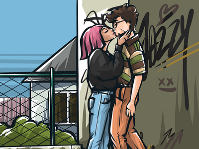 School Backyard character design character illustration characters couple digital art drawing kiss