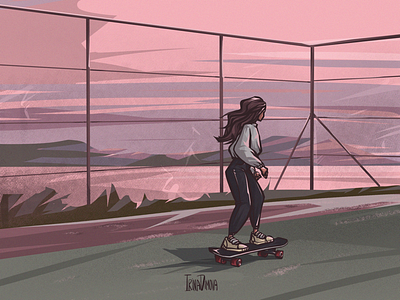 Sunset, Sea And Skating. Cover Design art character cover cover art cover artist cover design illustration pink skateboard skater girl sunset