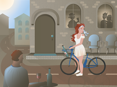 Bicycle & vine bicycle cityscape curly girl house illustration vector vine