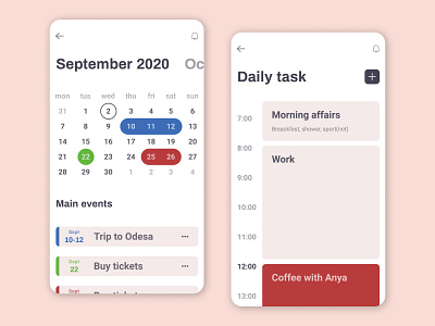 Calendar app application calendar colors daily dailyui design mobile red shedule time ui ux