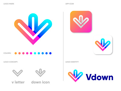 V + Down Arrow For Video Downloader app logo abstract app icon app icons brand branding identity clean freebie gradient logodesign logos modern play player ui v letter v logo video video download video logo youtube