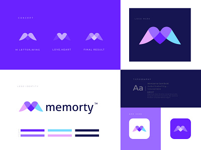 memorty logo | (M Letter + wing + Love, Heart) app icon logo branding color overlay colorful creative logo logo designer creative professional simple fly beak wings feather icon design lettermark letter logo logo design branding logodesign love heart lovely m letter logo m monogram m icon minimalist logo modern logo overlapping romance romantic valentine wing wings