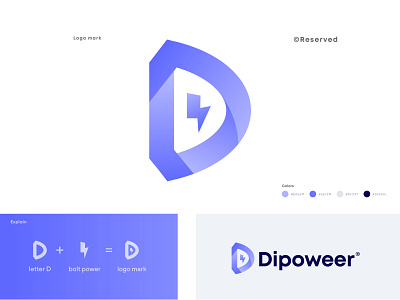 D + Bolt Power = Dipower | Modern Creative Abstract Logo design a b c d e f g h i j k l m n abstract app bolt power branding business logo company logo creative d letter d logo design identity letter logo logodesign minimalist startup logo tech technology thunder