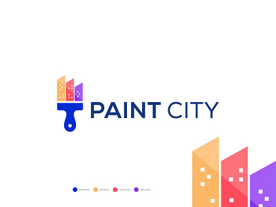 PAINT CITY LOGO DESIGN brand identity branding brush building property house city painting coloring corporate company decorate flat home illustration logo logo designer modern abstract minimal logo paint logo paintbrush real state logo roller town skyline building vector