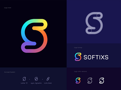 Softixs logo branding - tech company brand design branding colorful crypto gradient it tech company letter mark monogram letter s link chain connect logo logodesign software developer blockchain startup logo sync dynamic arrow logo tech tech company technologies technology technology icons visual guideline warm logo mark