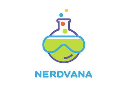 Nerdvana logo concept 3 beaker chemistry experiment kid nerd party scientist slime smile