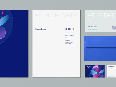 Platform Stationery blue brand branding business card compliment envelope futuristic grey identity letterhead logo paper slip stationery typography white wordmark
