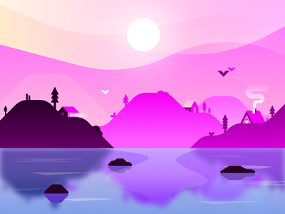 Aeria ❃ blue gradient graphic design hills illustration landscape landscape design landscape illustration pink trees vector water yellow