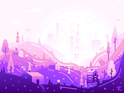 Glimpse ✨ buildings city color dribbble flat future gradient graphic design illustration landscape minimal nature pink purple serene subtle sunrise trees vector visual design