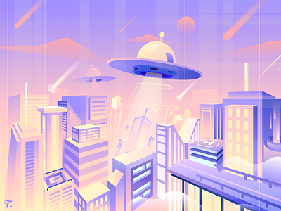 Ovni 🛸 abduction alien buildings city color cyberpunk design dystopia explosion flat future futuristic gradient graphic design illustration invasion perspective sci-fi ufo vector