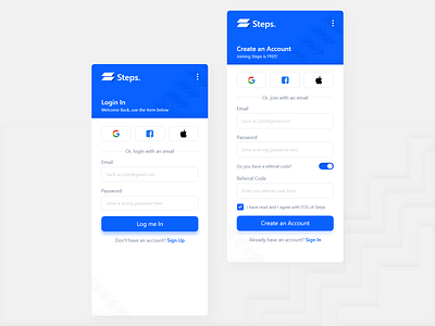 Steps Mobile App - Login - Signup Pages account app app login blue design login logo minimal mobile registe signup ui user ux web