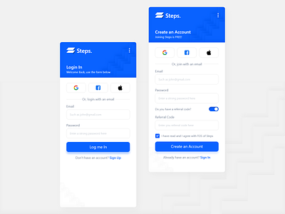 Steps Mobile App - Login - Signup Pages