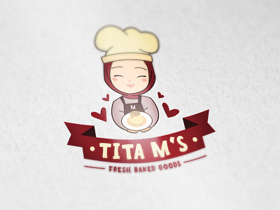 Tita M's Fresh Bake Goods Logo adobe baker bakery branding design flan flat girl hearts illustration illustrator logo minimal mockup muslim muslima packaging pastry photoshop