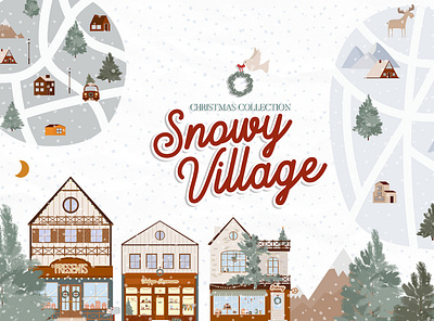 Snowy Village Christmas Collection advent calendar cabine calendar christmas city cottage cozy design gift tag greeting card holiday illustration map merry christmas poster snow village winter