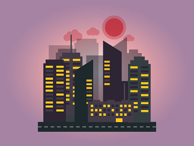 City in the evening architecture building city flat illustration night sky skyscraper sunset vector