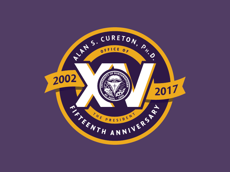 President's Anniversary Badge 2017 ribbon logo badge school president 15 roman numerals yellow purple university college