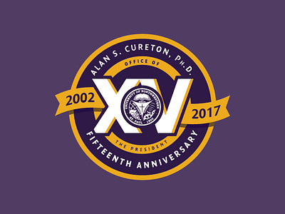 President's Anniversary Badge 15 2017 badge college logo president purple ribbon roman numerals school university yellow