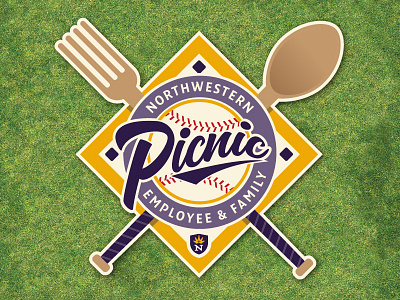 UNW Picnic Badge baseball bat diamond fork picnic script spoon university