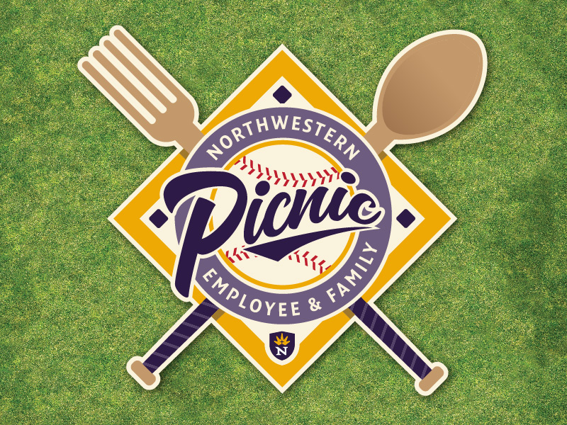 UNW Picnic Badge script bat diamond baseball spoon fork picnic university